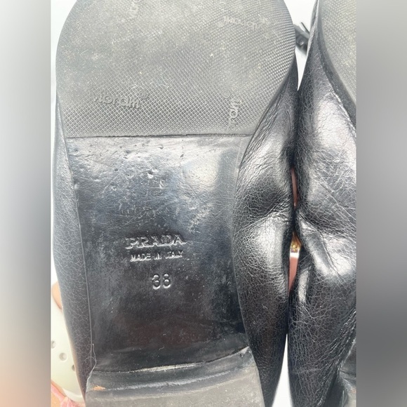 Prada Black Leather Cap toe logo embellish bow tie stretch ballerina flats EU 38 - Picture 12 of 13